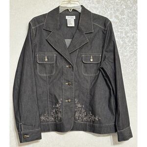 City Blues by Koret Denim Jacket Embroidered Floral Details Gray Dark Wash Sz 14